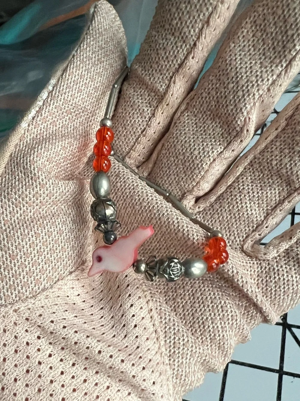 Vintage Southwestern Liquid Silver Pink Mother of Pearl Bird Fetish Bracelet